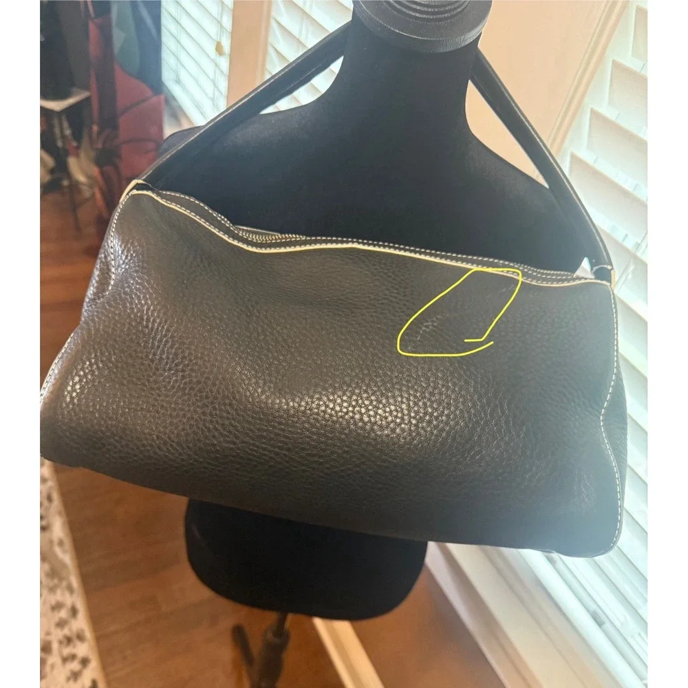Cole Haan Black Pebble Leather Shoulder Bag‎ W/ Contrast Stitching, Zip Close.